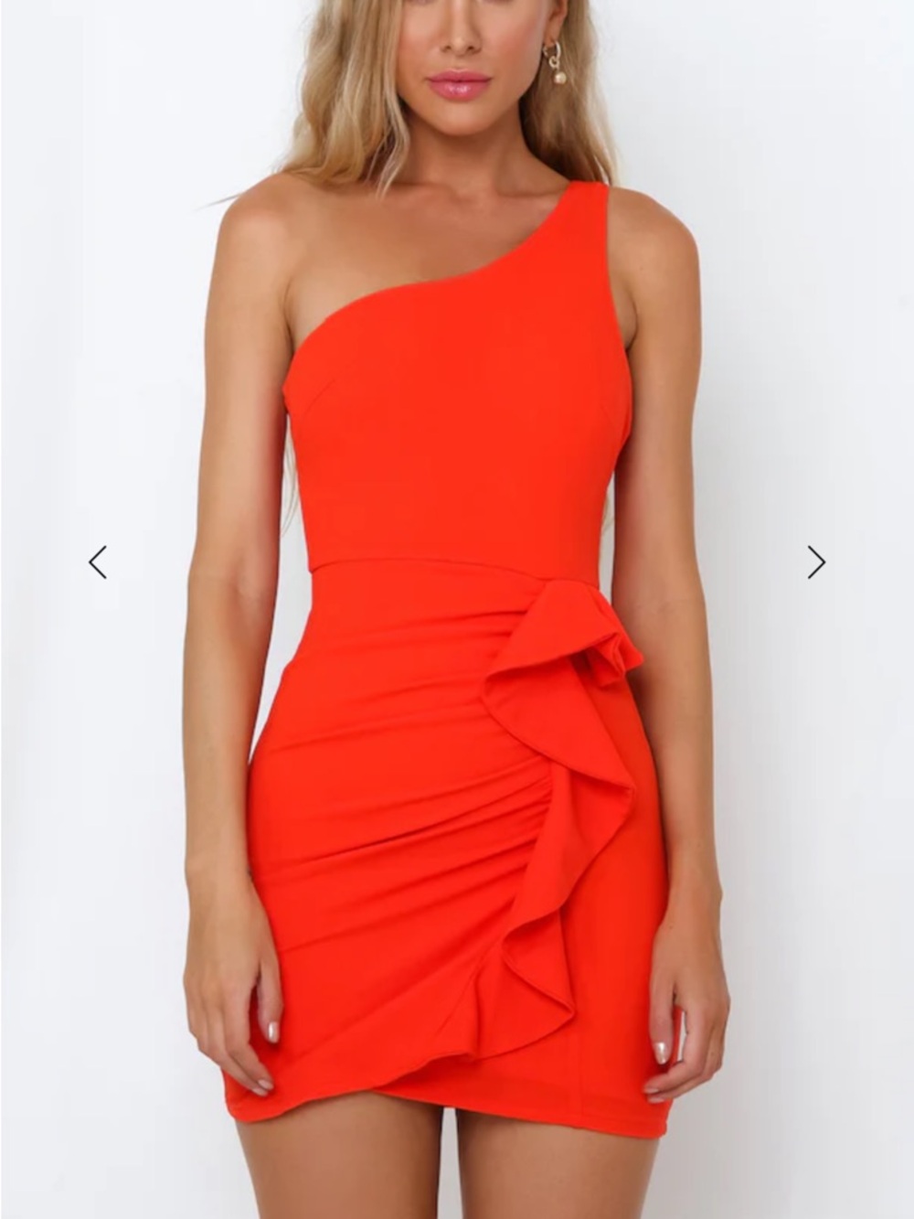 Hello Molly One-Shoulder Ruffle Mini Dress in Coral